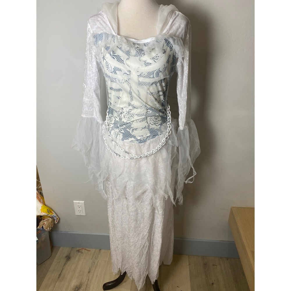 Ghost Bride Halloween Costume Dress White Skeleton Lace Velvet Mesh Hooded M